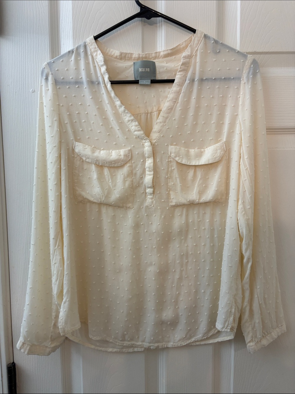 Maeve Cream Swiss-Dot Split V-Neck Blouse